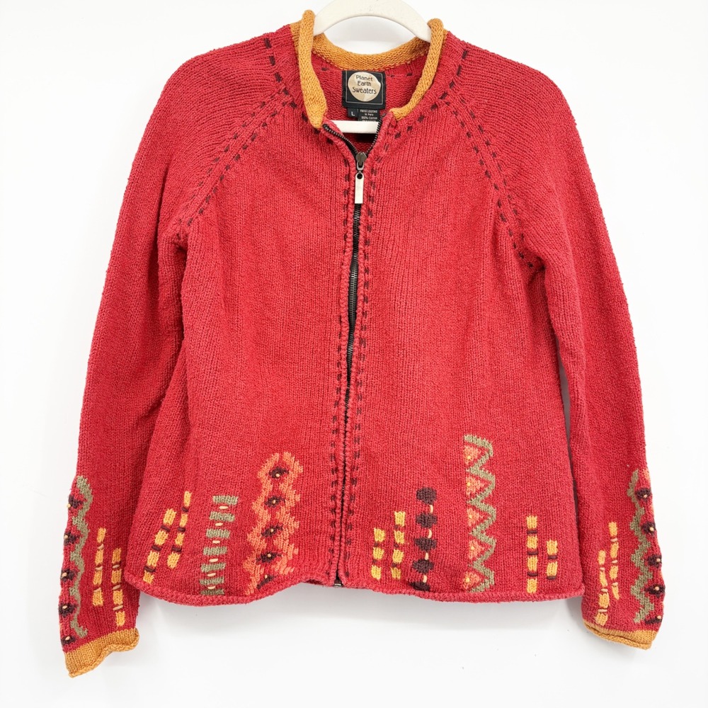 Planet Earth Sweaters Womens Red Cotton Hand Loomed Boho Horse Zip Cardigan L